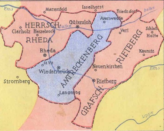 Die Herrschaft Rheda, das Amt Reckenberg und die Grafschaft Rietberg. Ausschnitt aus der Karte Landesgrenzen und 1801