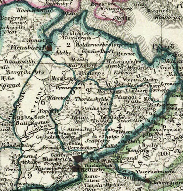 Die Husbyharde mit Rus regis (Ruedekloster) und die Struxdorfharde mit Aurea insula (Guldhom) im 12./13. Jh. Ausschnitt aus der Karte Slesvig i Valdemarernes Tid