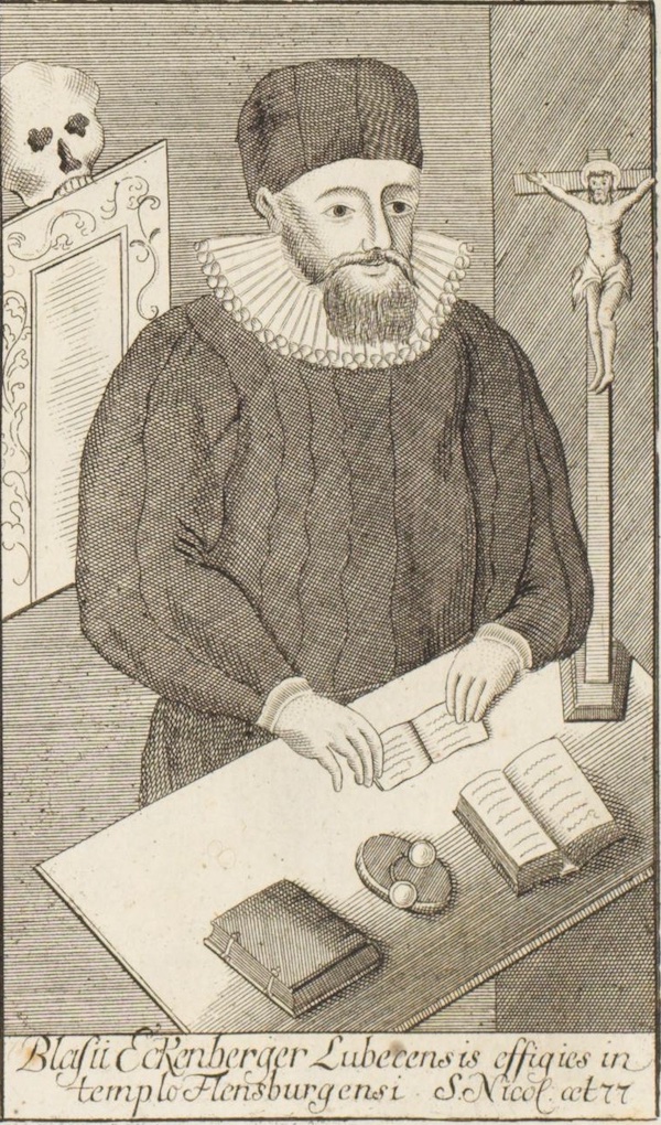 Bildnis, das Blasius Ekenberger im 77. Lebensjahre zeigt. Kupferstich aus dem 18. Jh. eines Gemäldes, das in der Flensburger Nikolaikirche hing