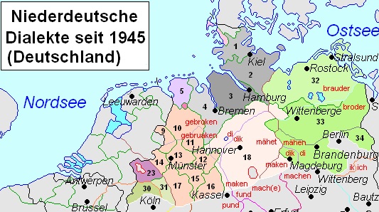 Karte: Das Mosaik der niederdeutschen Dialekte nach Wikipedia